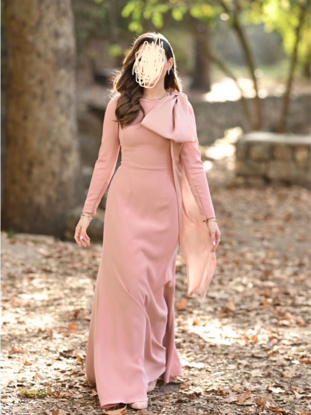 Elegant Long Sleeve dusty pink gown with Draped bow